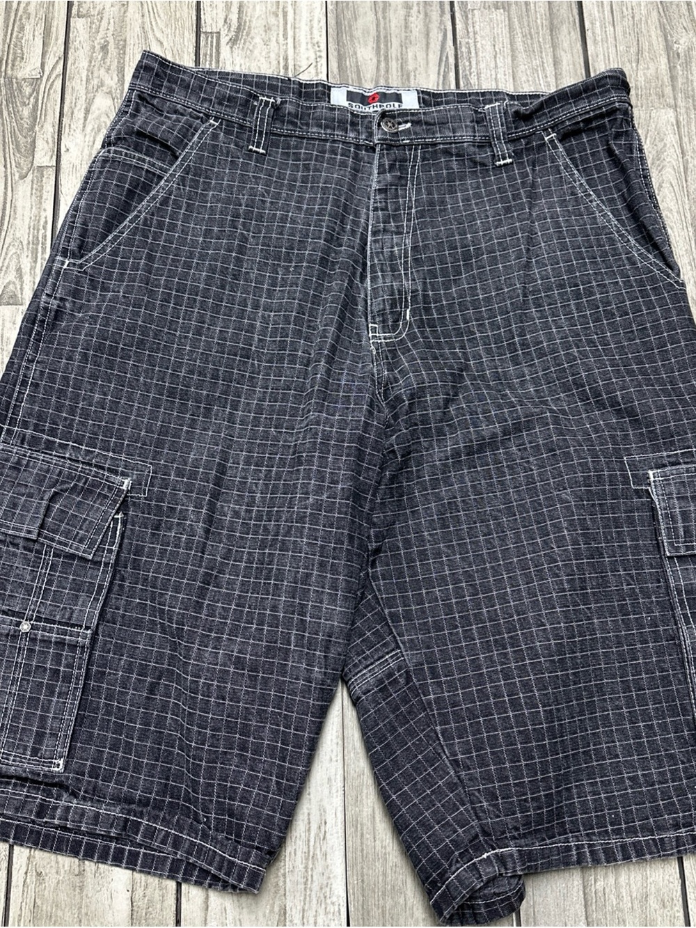 Vintage Y2k Southpole Grid Pattern Denim Jorts Shorts Cargo Baggy 38 Skater Blk